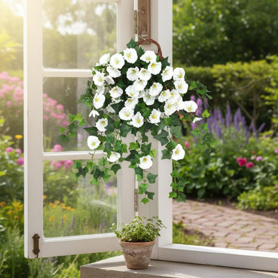 2 Pack Outdoor Garden Artificial Vine Plum Blossom Flowers Artificial Morning Glories Hanging Plants Fake Flowers For Indoor Outdoor Patio Lawn Decoration, A3