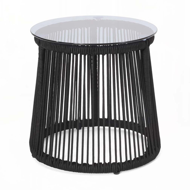 Patio Side Table with Glass Top ,Woven Rope, Black