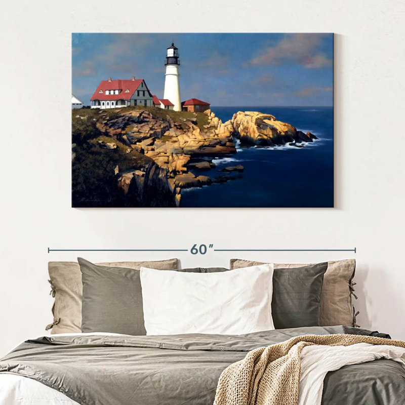 Phare côtier d'Aletra avec maisons rouges, H 34 po x l 51 po