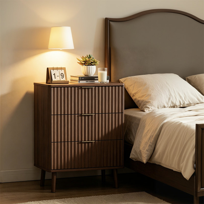 Modern Fluted 3-Drawer Nightstand – Curved Tambour Design Bedside Table with Storage, MDF Wood End Table, Brown