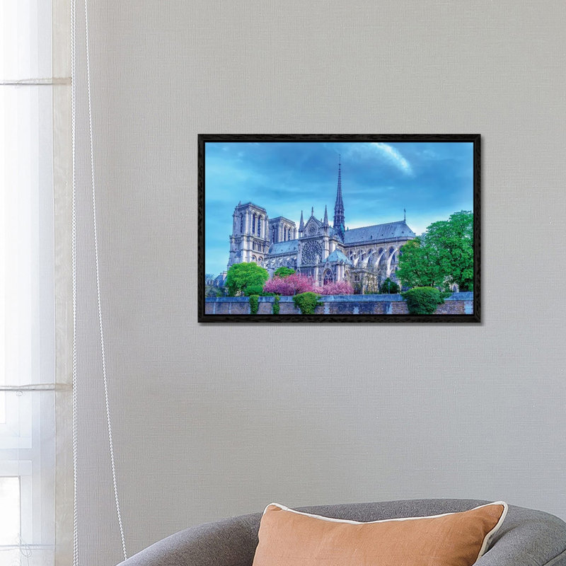 Cherry Blossoms Notre Dame Cathedral 1 Piece Wall Art on Canvas, 66.04 cm H x 45.72 cm W x 4.445 cm D, Black Floater Framed