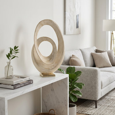 Modern Abstract Metal Ring Sculpture for Tabletop Home Decor - Decorative Oval Accent for Living Room or Office Decoration - 20", Gold & Metallic