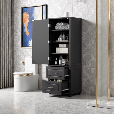 Tall Bathroom Storage Cabinet with 2 Drawers and Adjustable Shelf, Freestanding MDF Cabinet with Anti-Toppling Device for Bathroom, Black