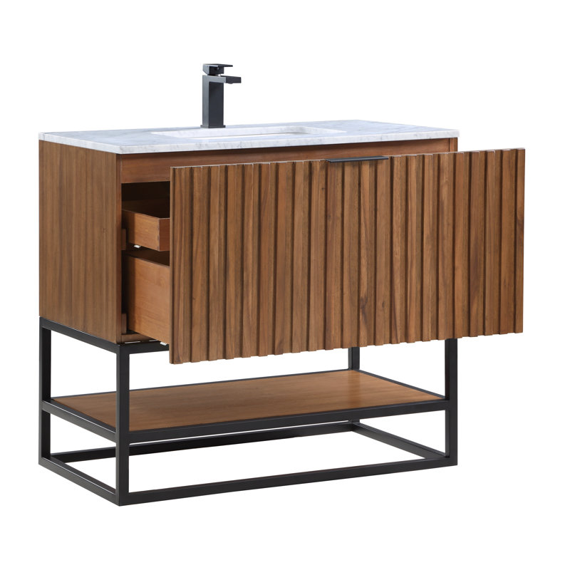 Terra 36'' Single Bathroom Vanity with Top, Carrara Marble/Single Faucet Mount, Walnut, Matte Black