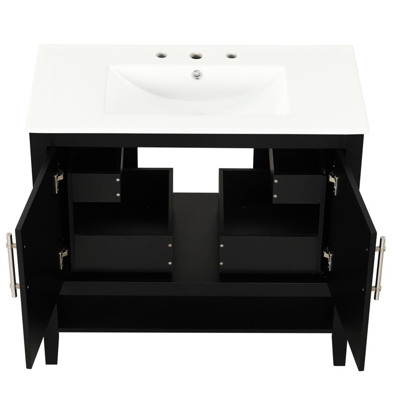 36" Bathroom Vanity With Ceramic Sink, Black Solid Wood & , Functional Storage Areas, Modern Cabinet, Assembly Required Sink - Cabinet Practical Function