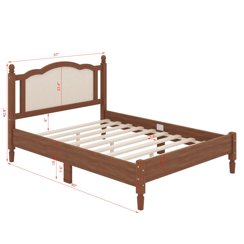 Wooden Vintage Platform Bed with Natural Rattan Headboard, Full, Walnut