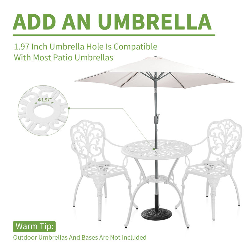 Outdoor Bistro Table and Chairs Set 2 with Umbrella Hole Cast Aluminum Patio Set 3 Piece for Garden