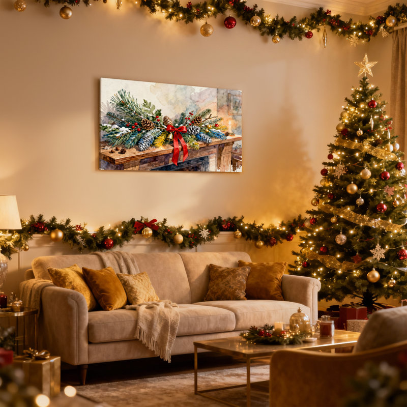 Guirlande de Noël sur un manteau de cheminée avec un arc rouge, ensemble de 3 impressions sur toile, H 12 po x l 18 po