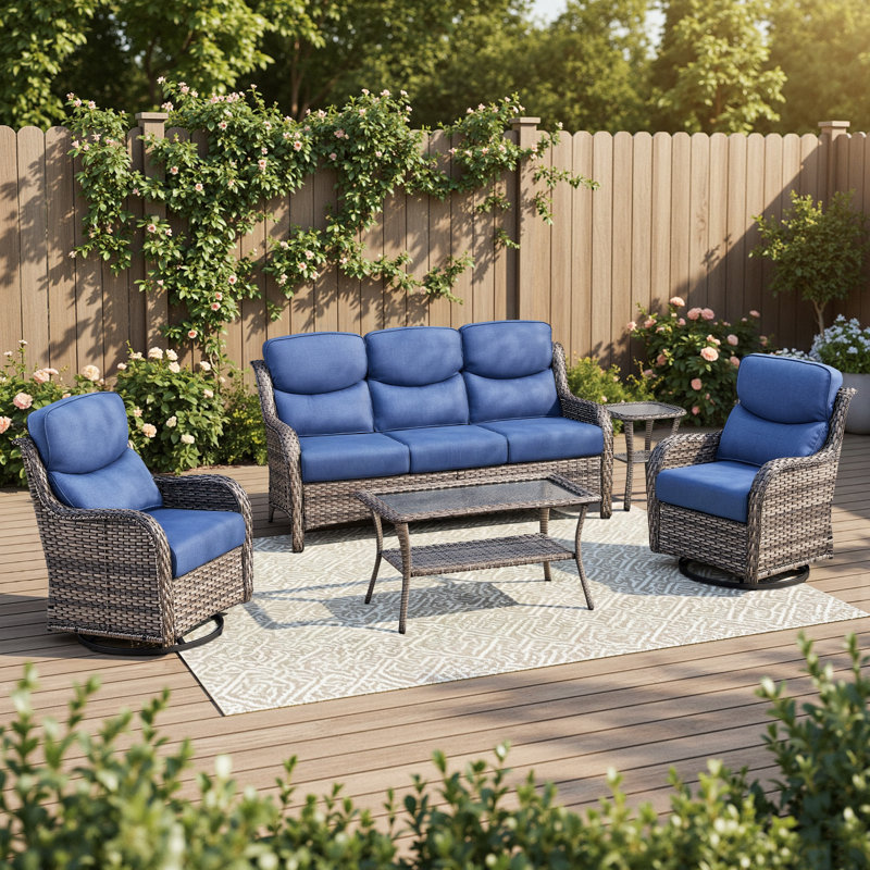 Ensemble 5 pièces de canapé de patio et de chaises pivotantes en osier avec table basse, Gris, Bleu