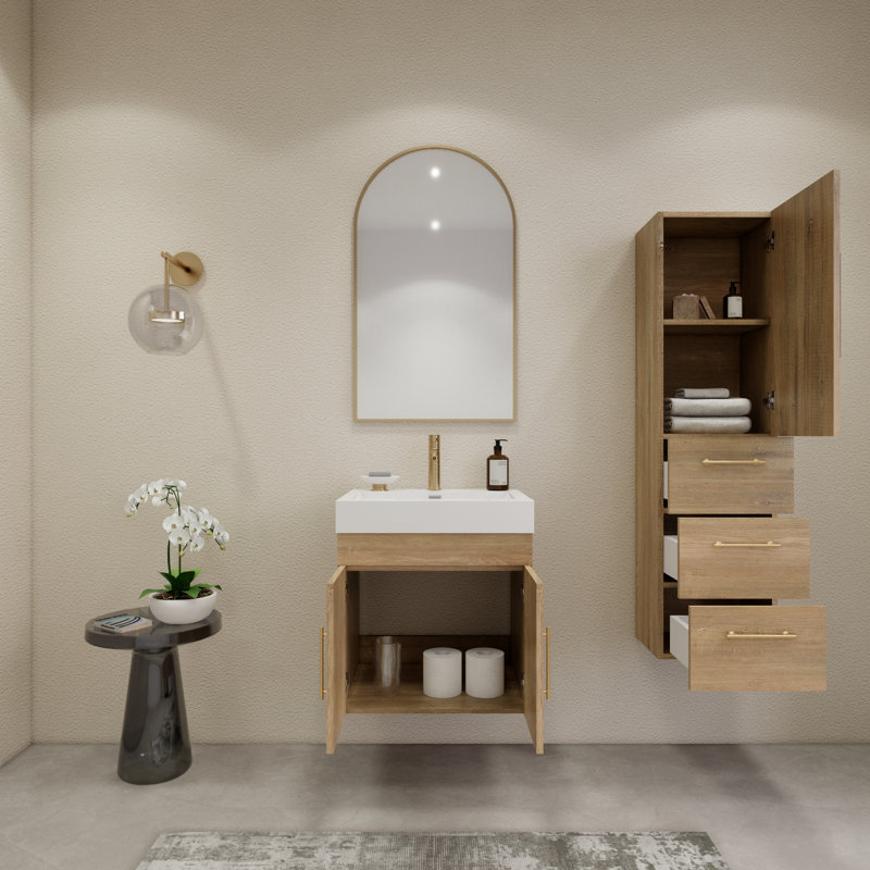 23.6" Wall-Mounted Single Bathroom Vanity Set, Oak