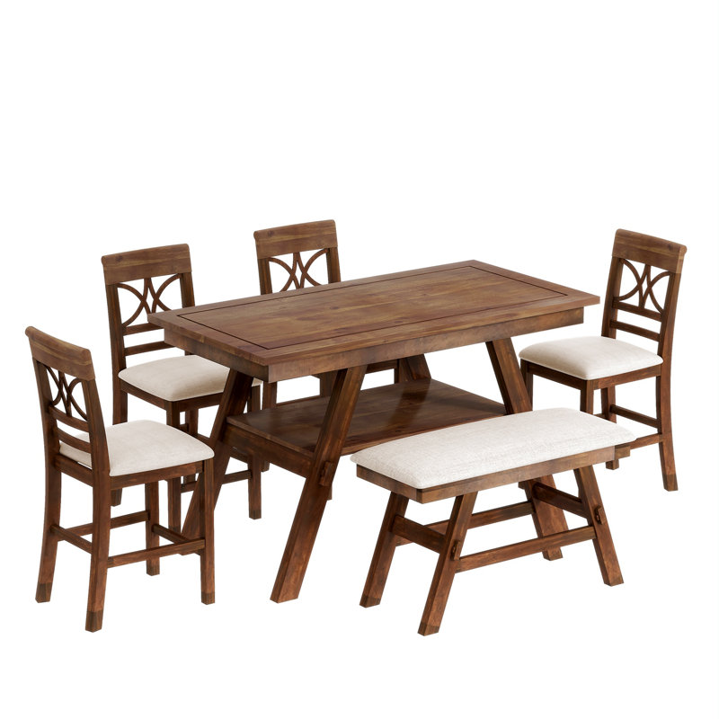 6-Piece Wood Counter Height Dining Table Set with Storage Shelf, Walnut