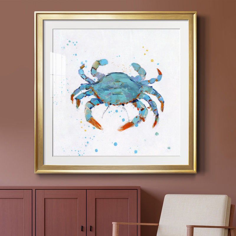 Crabe bleu pétillant - peinture encadrée, H 34,5 po x l 34,5 po x P 1,5 po, Toile encadrée dorée