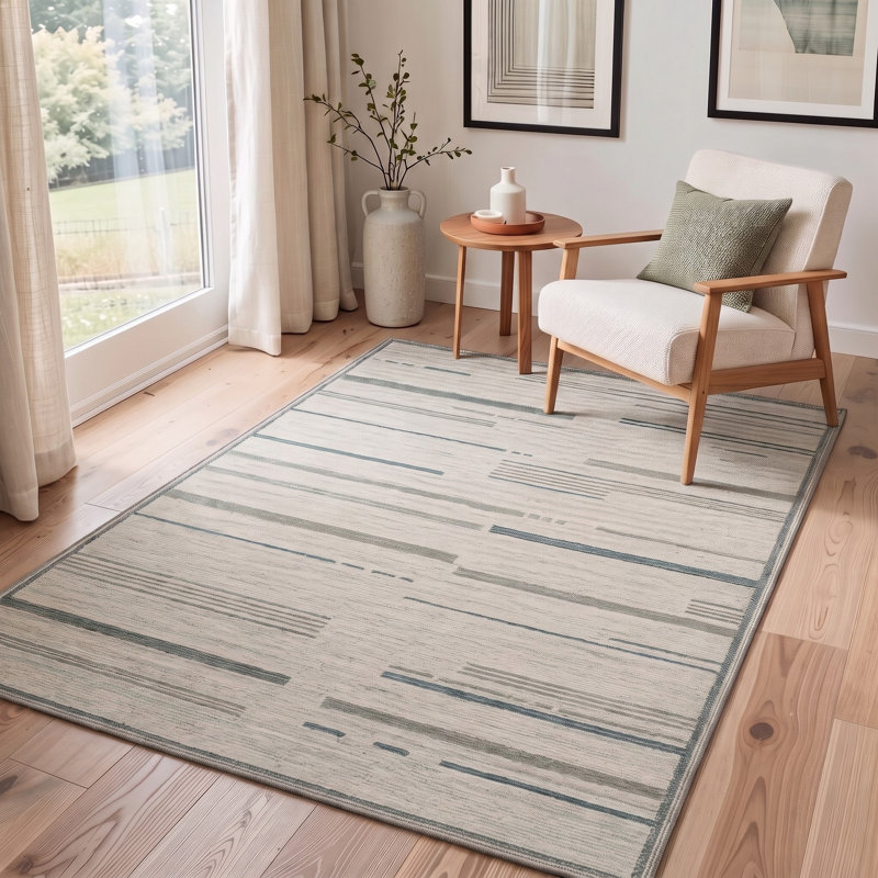 Tapis à rayures antidérapant moderne à rayures beige / gris Performance, Rectangle de 10 pi x 14 pi