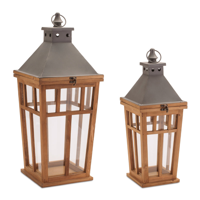 Ensemble de 2 lanternes encadrées en bois rustique et fer