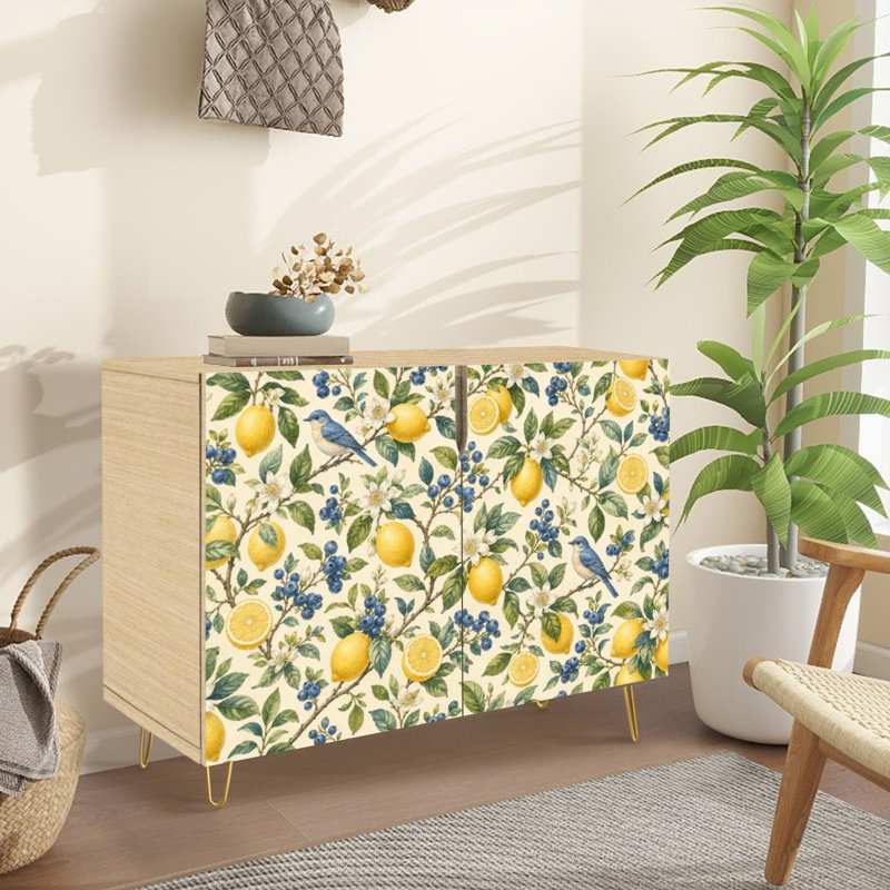 Buffet Buffet avec rangement Blue Birds Lemons Blueberries Botanical Watercolor Floral avec 2 portes pour le salon et la cuisine