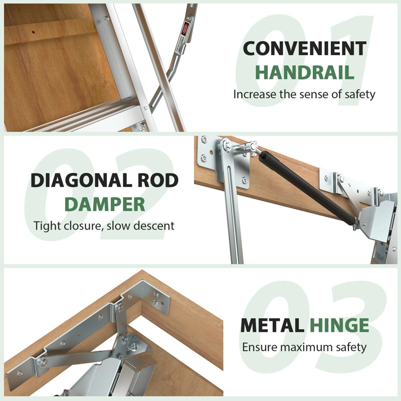 Échelle de grenier en aluminium 10 pieds avec système d'ouverture vers le bas l 54 po x H 22,5 po, escalier de 350 livres pour les hauteurs de plafond de 7 pi 8 po à 10 pi 3 po
