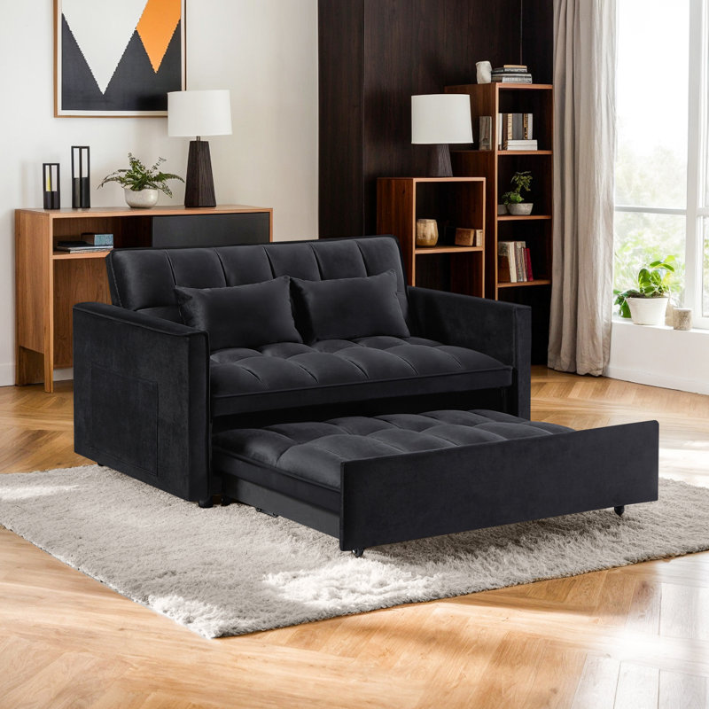 54" Velvet Convertible 3-In-1 Sofa Bed, Black