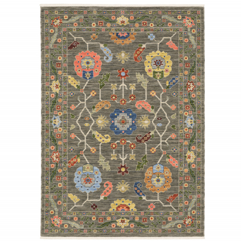 Tapis oriental oriental en laine et en nylon tissé à la machine gris et jaune, Rectangle 3 pi 3 po x 5 pi