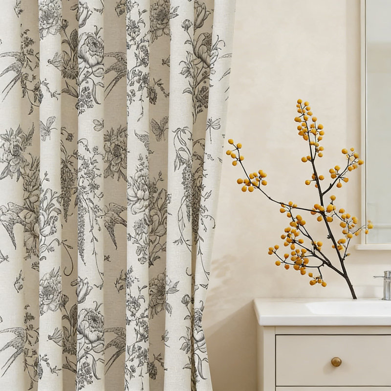 Rideau de douche en coton à motif floral hirondelle, Gris