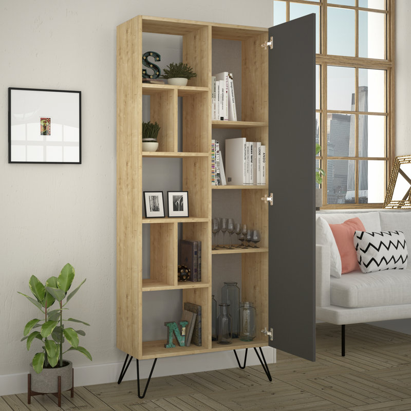 Bibliothèque moderne scandinave, chêne et anthracite, 31,1 po x 74,8 po x 12,6 po | 100% panneau de particules enduit de mélamine, épaisseur: 0,7 pouce | Pieds en métal, charnières à fermeture en douceur, fixation murale, capacité de tablette de 66 lb, solution de rangement élégante