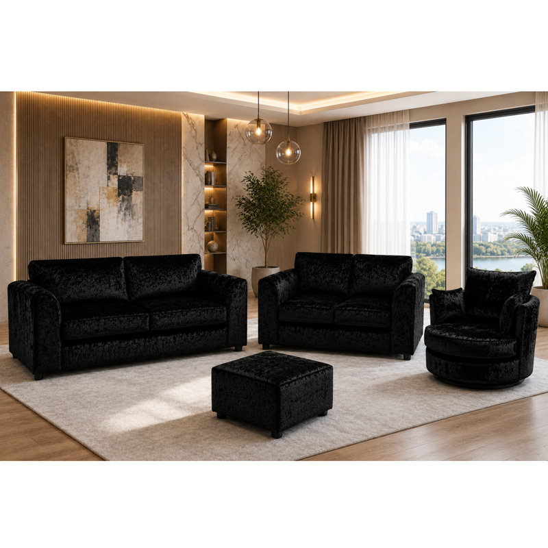 4 Piece Velvet Standard Living Room Set, Black