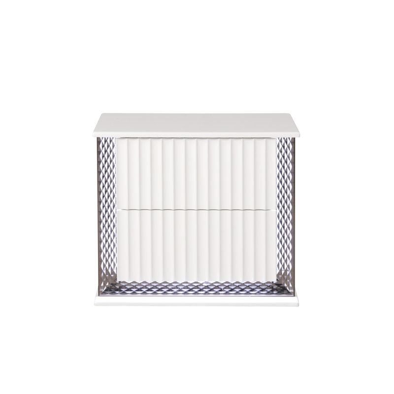 Armoire de chevet blanche moderne avec deux tiroirs spacieux, un tiroir texturé, un éclairage à DEL latéral, et une hauteur de 24,28 po, une largeur de 26,75 po et une profondeur de 16,68 po.