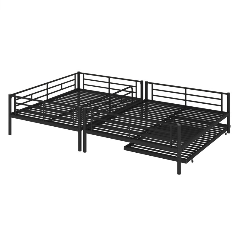 Metal Bunk Bed with Trundle, Black, Full XL Over Queen