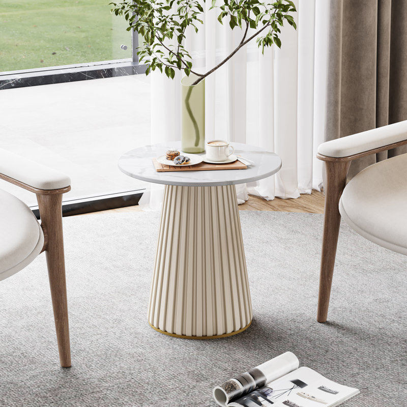  Round Marble and Solid Wood Pedestal End Table, 17.72" H x 15" W x 15" D