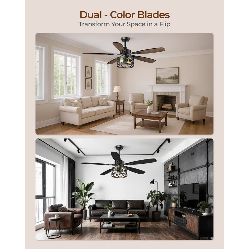 52" 5-Blade Vintage Caged Ceiling Fan with Light, Remote Control , 6+1 Speed Reversible DC Motor