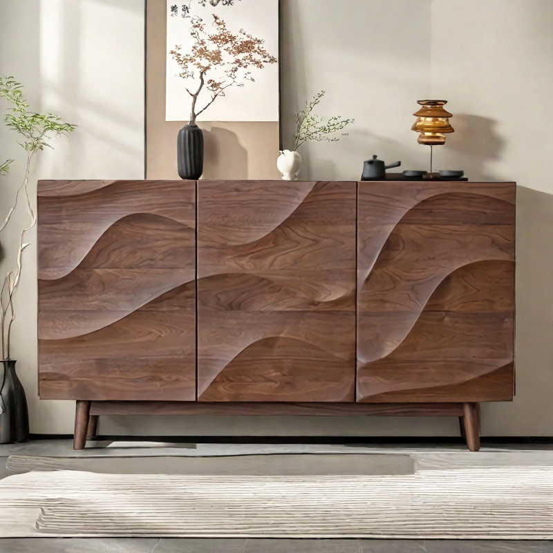 Simple Walnut Colour Wavy Wooden Accent Cabinet.