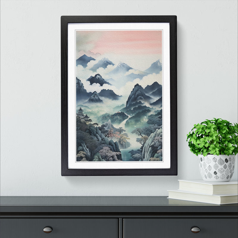 Japanese Mountains Contemporary - Framed Print, 64cm H x 46cm W x 2cm D, Black 
