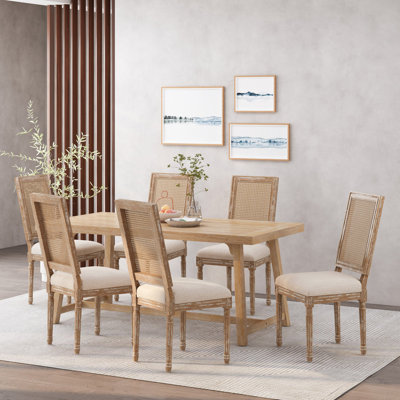 Jorisse French Country Rubberwood Upholstered Dining Side Chair with Cane Backrest & Fluted Legs