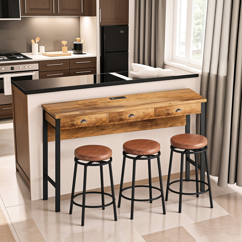 Table de salle à manger brune avec 3 tiroirs et puissance. Tabourets en polyuréthane inclus. Fabriqué en métal. Poignées exquises en forme de coquillage. Siège doux et agréable. Convient à tous les espaces. Douilles faciles à assembler.