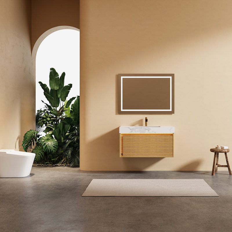 Meuble-lavabo flottant avec comptoir en pierre frittée, lavabo en céramique et capteur DEL