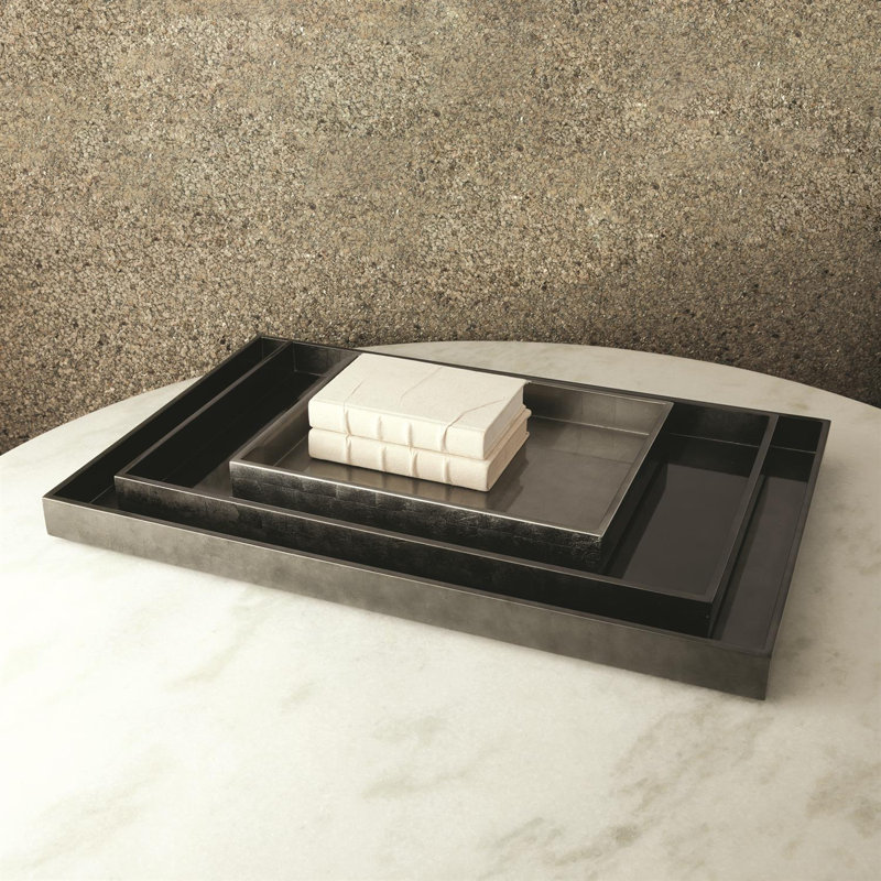 Gunmetal Silver Leaf Rectangle Tray, 2.25" H x 14" W x 18" D