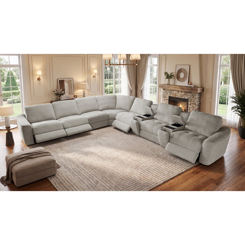 Upholstered Power Motion Modular 9-Piece 4-Recliner L-Sectional, with Wireless Charging & USB ports & Storage