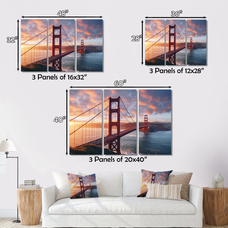 San Francisco Golden Gate Solitude III sur toile, reproduction de 3 pièces, H 28 po x l 36 po x P 1 po