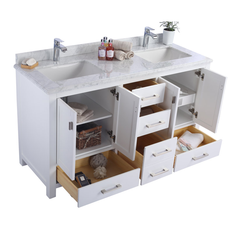 Ensemble de meuble-lavabo double 60 po Mariário, Blanc, Marbre de Carrare blanc