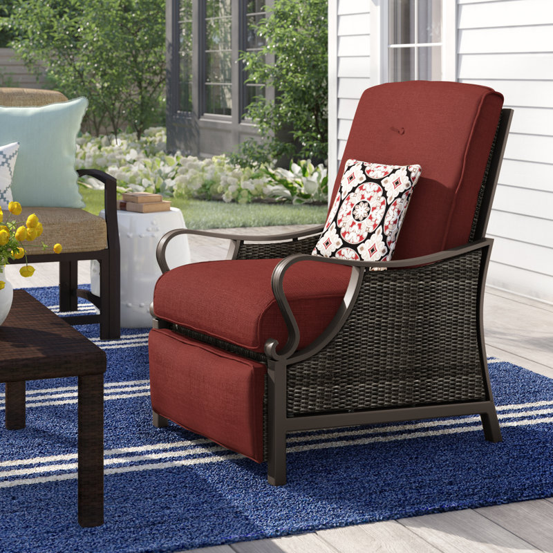 Craighead Luxury Recliner Patio Chair with Plush Cushions and Accent Pillow, Crimson Red