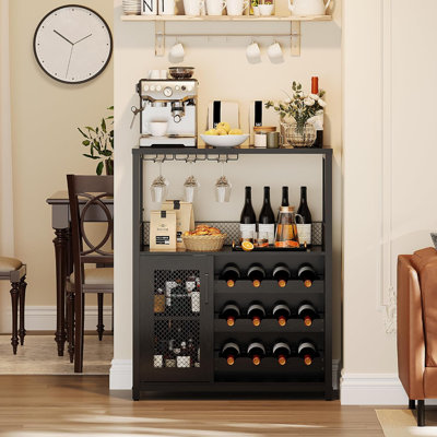 Armoire à vin à 3 niveaux avec éclairage DEL, support à vin amovible, porte-verre et portes en filet - Buffet pour la cuisine, le salon ou le bar