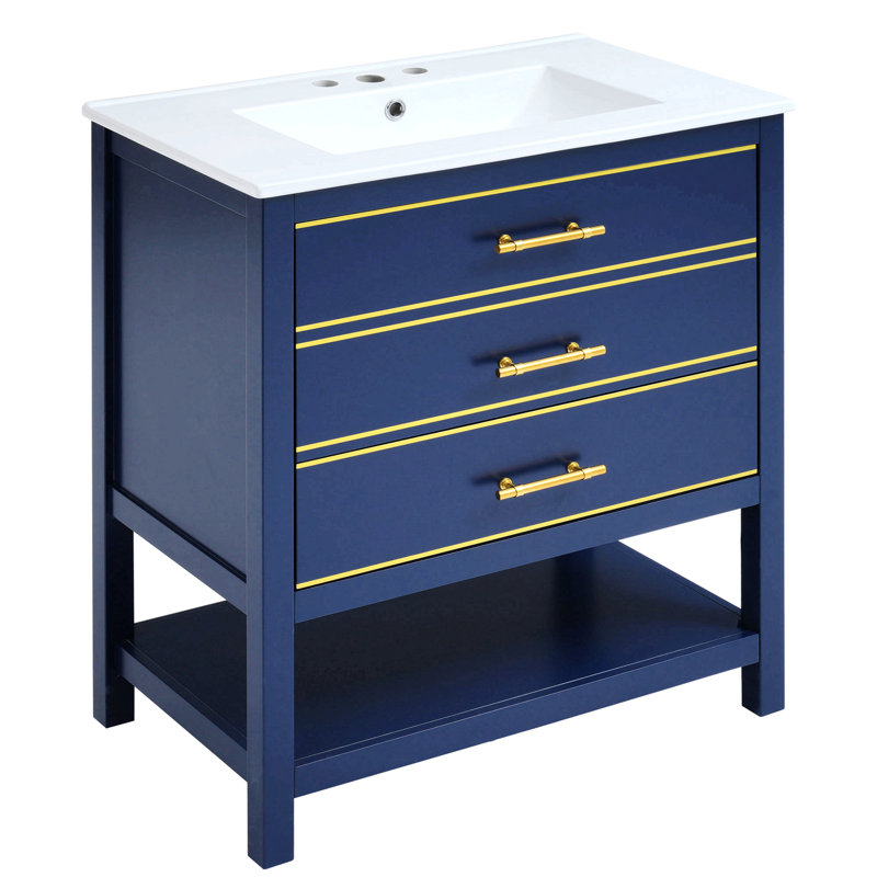 Ensemble de meuble-lavabo moderne 30 pouces bleu marine / blanc avec deux tiroirs Openstorge, Bleu