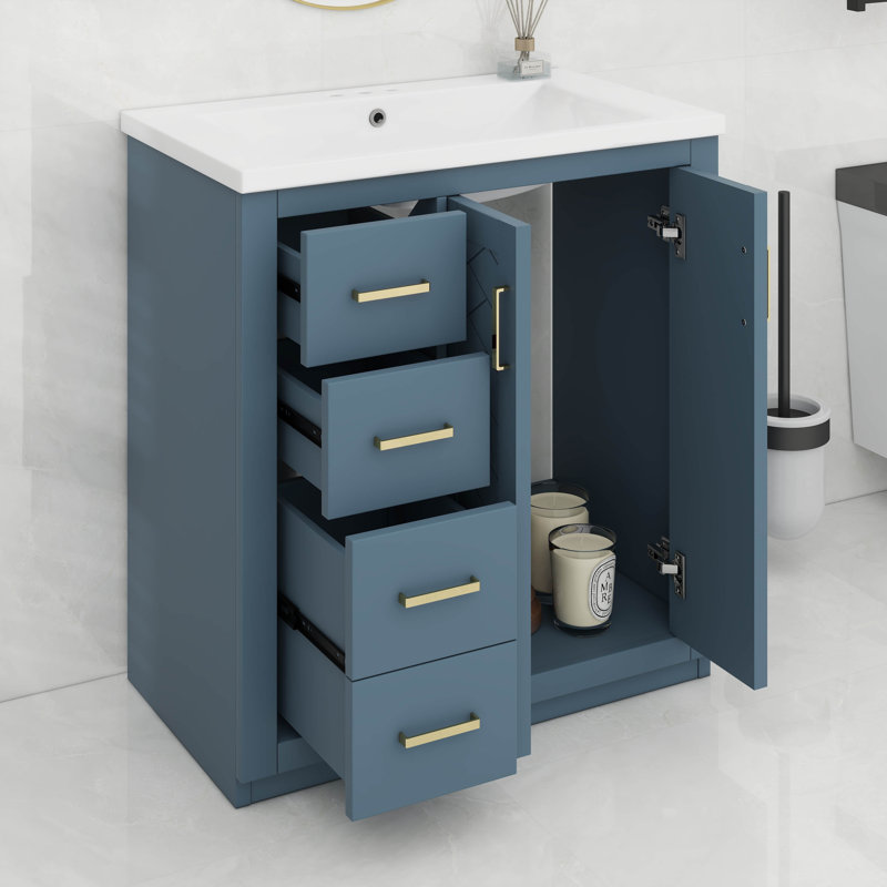 Meuble-lavabo 30 po avec lavabo, meuble-lavabo en bois massif avec 3 tiroirs, Bleu