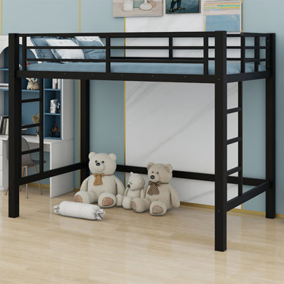 Metal Loft Bed With Integrated Ladder And Protective Guardrails