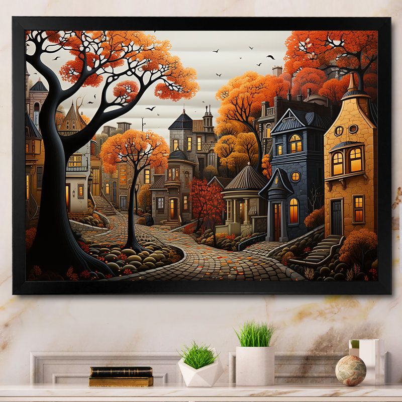 Cozy village in Autumn Moonlit III - Art mural art déco urbain, Cadre d'angle fermé noir, H 24 po x l 32 po x P 1 po