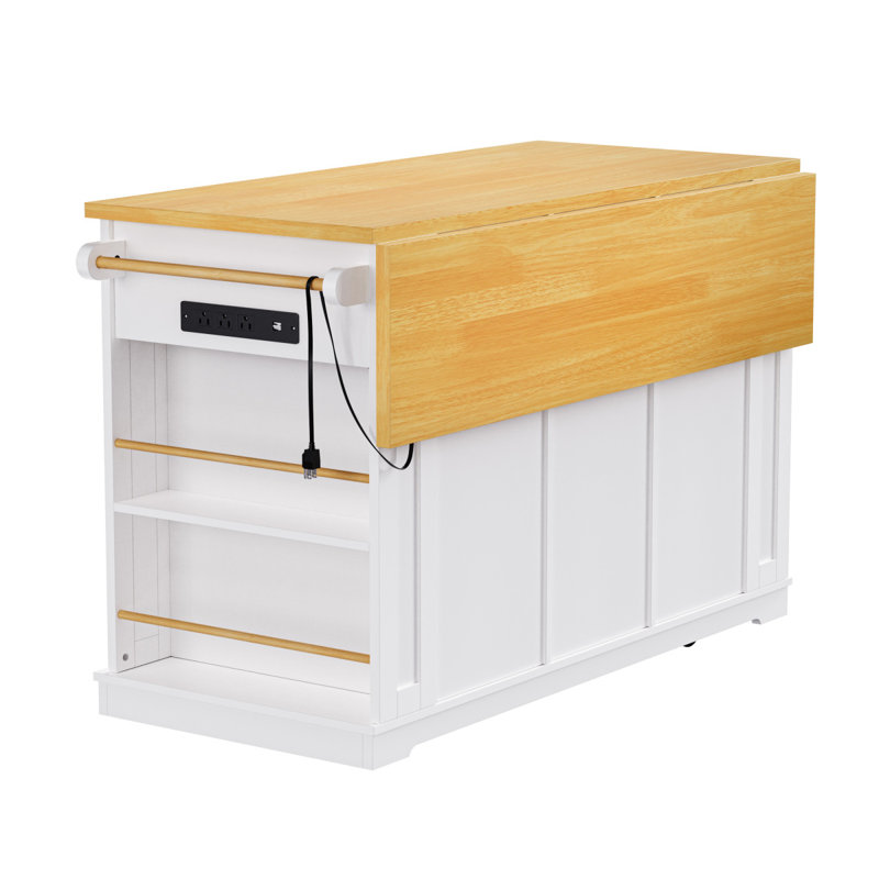 K&K 53Inch Large Kitchen Island With Drop Leaf, Power Outlet, Door Internal Storage Rack, Rolling Kitchen Cart On 5 Wheels With 5 Open Side Racks For Kitchen, Dining Room,White(Not Include Bar Stools)