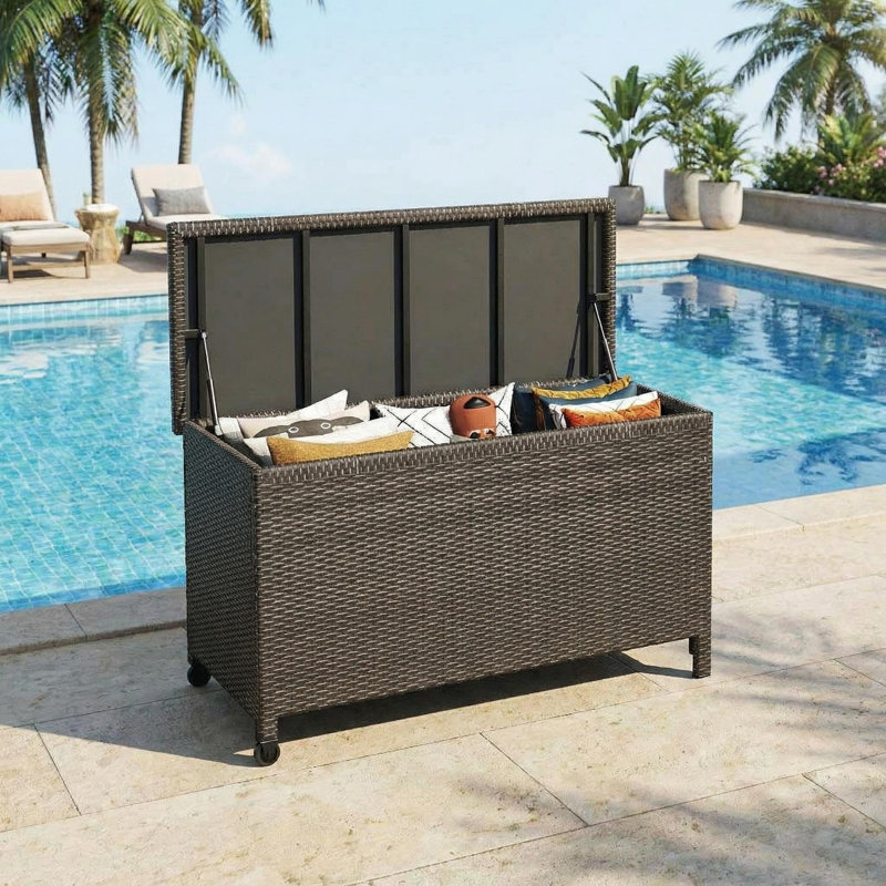 120 Gallon Large Outdoor Deck Storage Box – Waterproof PE Rattan Chest with Gas Strut & Lockable Lid, Durable Patio Bench for Cushions, Garden Tools, Pool Supplies – All-Weather Brown Wicker Finish