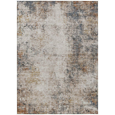 5' X 8' Ivory Blue And Copper Abstract Washable Indoor Outdoor Area Rug