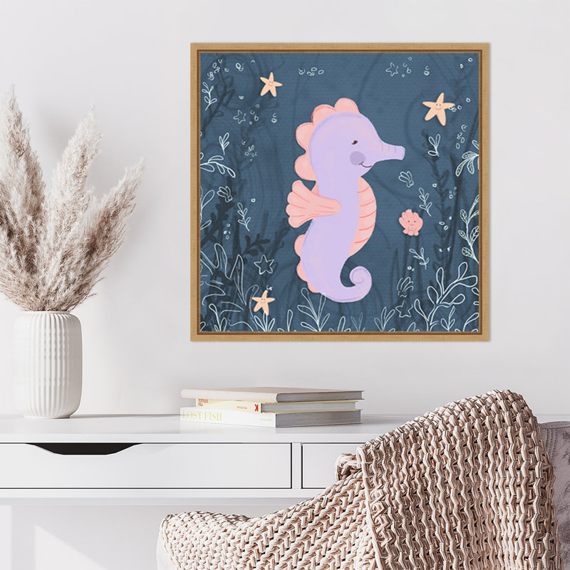 «Seahorse and Turtle Blue I» par Hartworks, reproduction d'art sur toile encadrée, H 22 po x l 22 po
