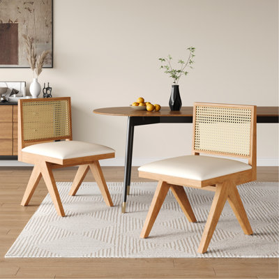 Chaises de salle à manger, chaises d'appoint rembourrées de canne (ensemble de 2), canne naturelle et coussin beige