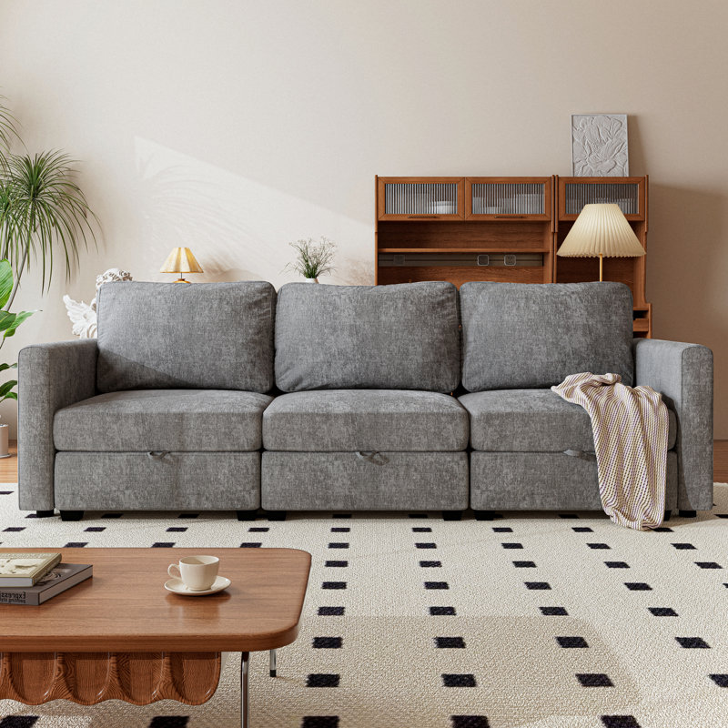 92'' Wide 3-Seat Chenille Modular Sofa Couch For Small Space, Gray